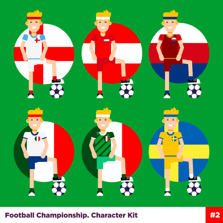 Soccer, european football flat characters set. Six players standing with the ball under the foot on the national flag background. Easy to edit illustration. Text can be simply removed.のイラスト素材