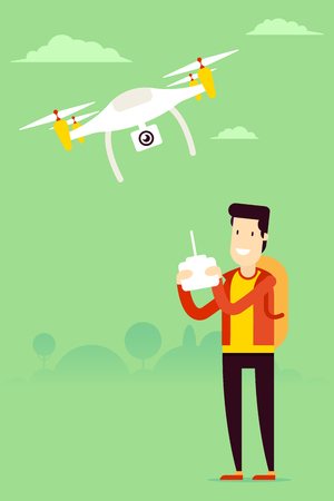 Remote aerial drone with a camera taking photography or video recording and man with the remote control managing copter. art on isolated background. Flat design.のイラスト素材