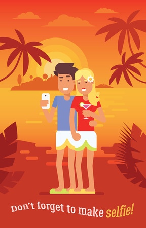 The concept of traveling couple spending their honeymoon on a tropical island and making selfie behind the sea sunset for sharing pictures with friends and family. Vector illustration.のイラスト素材