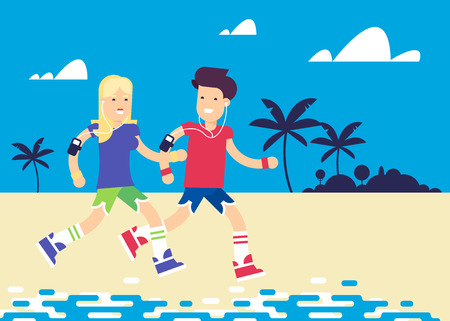 The young couple characters running across the ocean beach, through the palms. Pretty boy and girl with the players and the professional app. Vector flat illustration. Very easy to edit.のイラスト素材