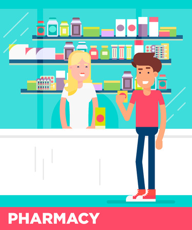 Modern flat characters of two young people in the pharmacy store. Saleswoman consulting client. Vector flat illustration. Easy to edit. Great colors.のイラスト素材