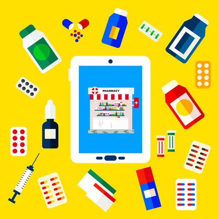Pharmacy store in a tablet. Drug screen concept of online pharmacy vector illustration in flat style. Easy to edit, text could be removed.のイラスト素材