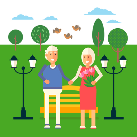 Cool vector pension retirement concept illustration with elderly couple standing. Senior age man and woman standing near the bench in the park  on background. Retirement recreation concept illustrationのイラスト素材