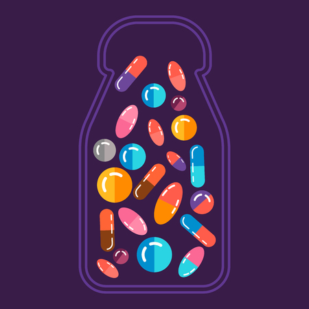 The outline pills container full of flat designed pills. Very good colores. Great concept for farmacy or health  care industry. Flat design.のイラスト素材