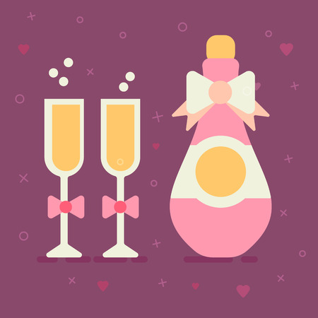 Valentine's day vector flat icon of a bottle of sparkling wine with glasses and a cute bow. Wedding ceremony. Flat trendy design. Trendy pastel colors.のイラスト素材