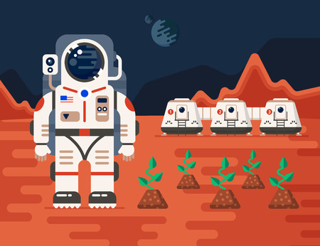 Good concept of Mars Colonization mission one. The future home for humans on the red planet.  Flat vector illustration. Trendy design.のイラスト素材