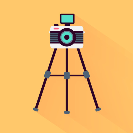 Modern hipster styled photo camera on a tripod, yellow background, flat and shadow theme designのイラスト素材