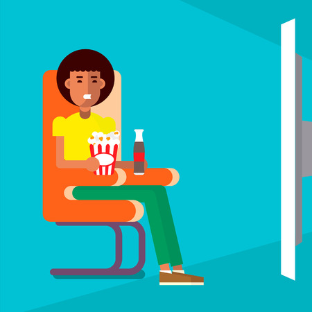 Man sitting on a chair watching, drinking and eating near the big screen.   Vector flat illustration. Good concepr for cinema and movie marketing.のイラスト素材
