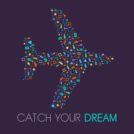 Summer set glyth pattern in a airplane shape. Travel drawing. Vacation design vector illustration. Cool text that could be easily removed.のイラスト素材