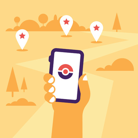 Hand holding mobile phone flat illustration with the gps tags and road to go. Flat design, hot themeのイラスト素材