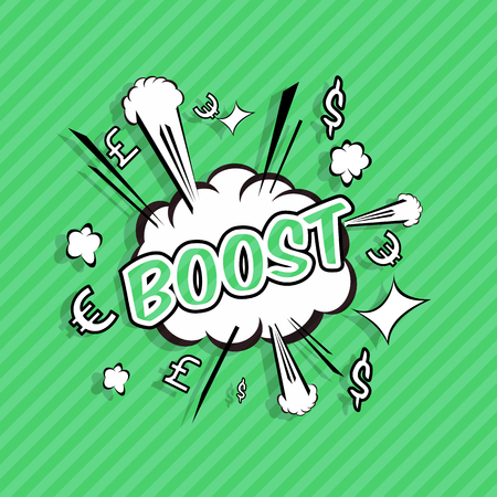 Boost! wording in comic speech bubble in pop art style on burst half tone background. Great promo concept.のイラスト素材