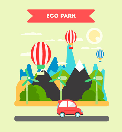 The landscape or the eco park concept with mountains, trees, air ballons and windmills in a back and car on a road ia front. Vector flat design. Cool cute ilustrationのイラスト素材
