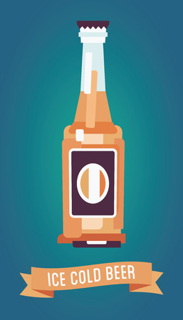 The bottle of ice cold light beer with the text and ribbon. Modern flat design. Isolated on a gradient background.のイラスト素材