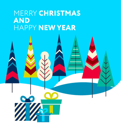 New Year and Christmas greeting card  presents in the forest. Modern styled trees.  Fully editable vector illustration. Perfect for posters, greetings, flayers.のイラスト素材