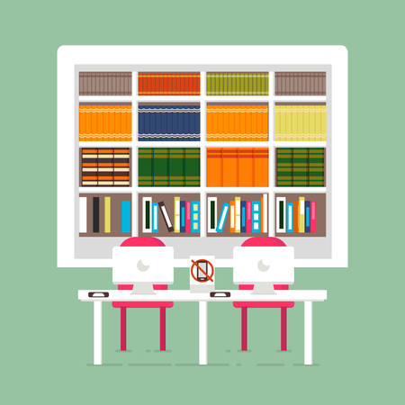 The illustration of city public liabrary with the book shelves full of different books. New and old styled book collections on the shelves. Working place for reading and processing on computerのイラスト素材