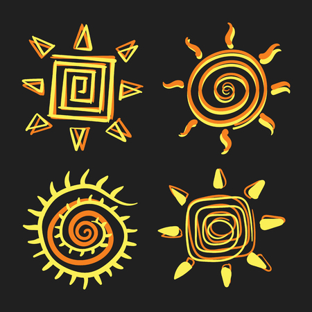 Sun company logo with the sun icon in hand drawn style. Business idea for travel companies or retail. Glitter effect, text for slogan.のイラスト素材