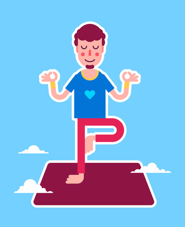 Yoga man character stickers presented in an asanas. Young beautiful man is doing exercises. Fully easy to edit illustration. Perfect for modern lifestyle posters.のイラスト素材