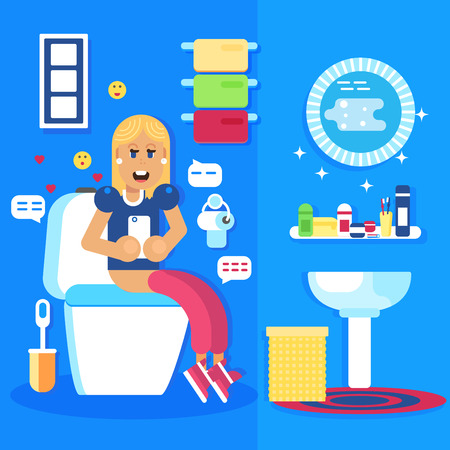 Young girl seating in the toilet with the smart phone and chats in the social networks. She is smiling and happy. Good pregnant character. Flat vector design.のイラスト素材