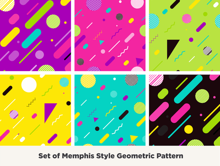 Hipster Fashion Memphis Style Geometric Pattern.Set of  Abstract Seamless Pattern with Lines, Circles and Squares. Vector Illustration.のイラスト素材