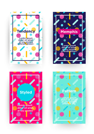 Covers with flat geometric pattern. Cool colorful backgrounds. Applicable for Banners, Playcards, Posters, Flyers, Phone covers. Memphis styled background. Eps10 vector template.のイラスト素材