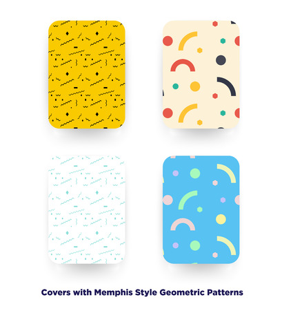 Covers with flat geometric pattern. Cool colorful backgrounds. Applicable for Banners, Playcards, Posters, Flyers, Phone covers. Memphis styled background. Eps10 vector template.のイラスト素材