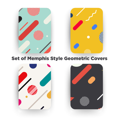 Covers with flat geometric pattern. Cool colorful backgrounds. Applicable for Banners, Playcards, Posters, Flyers, Phone covers. Memphis styled background. Eps10 vector template.のイラスト素材