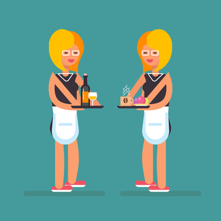 Girl waitress with the plate with wine, glass and ice cream dessert. Vector flat design illustration.のイラスト素材