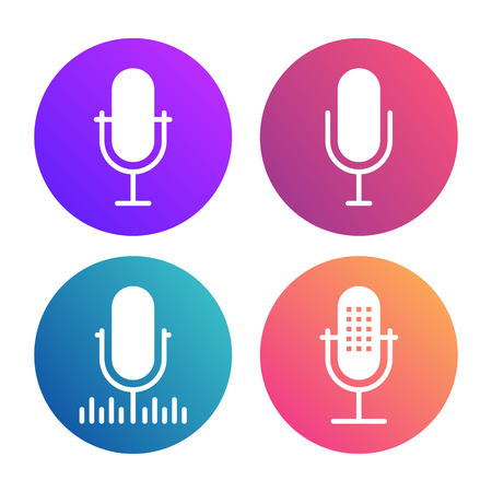 Podcast icon set. Colored studio table microphone with sound broadcast waves symbols. Webcast audio record concept logo.のイラスト素材