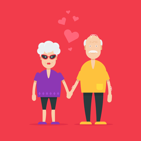 Pretty and cool grandparents characters falling in love and sweet valentine text.  Fully editable vector illustration. Perfect use for greetings cards, posters, flayers on saint valentine day. のイラスト素材