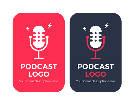 Podcast radio icon illustration set. Studio table microphone with broadcast text on air. Webcast audio record concept logo.のイラスト素材