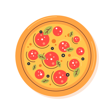 Pizza flat design illustration. Menu design. Trandy colors. Pizza logo. Restaurant outfit. Pizza Margharita. のイラスト素材
