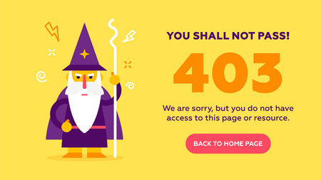 The concept of 403 forbidden access to  web page with cute kind wizard.  Flat design illustration. Very good idea. Perfect for sites pop ups. Vector. Flat.のイラスト素材