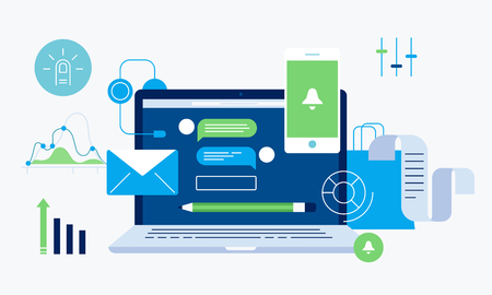 The laptop screen and working place illustration. Flat line design. Laptop and different items including graphics, diagramm, chat, pencil, finger. Good business support illustration.のイラスト素材