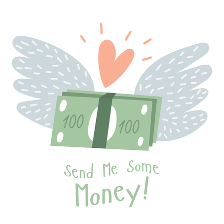 Illustration for money send between lovers. Asking for money. Herta angels wings and dollars and funny text.のイラスト素材