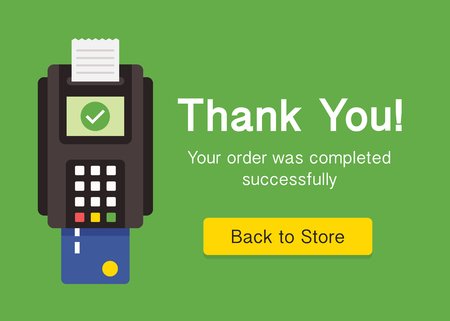 The greeting web page with the pos terminal and succesful transaction. Web pop up design. Web element. Flat design.のイラスト素材