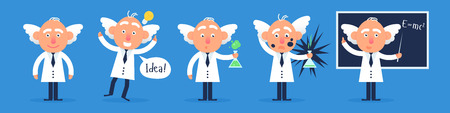 The set of funny professor characters standing in the classroom near blackboard with the test tube and idea worlds. Flat design funny illustration. Back to school idea. のイラスト素材