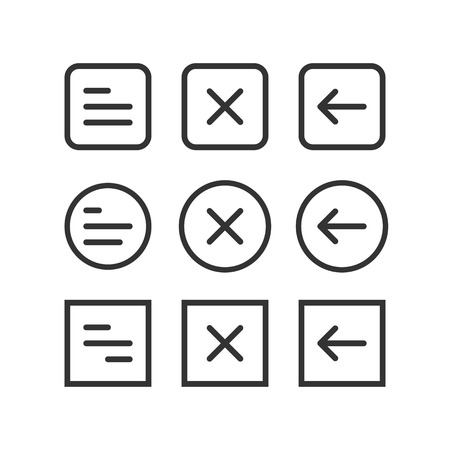 UI set of navigation buttons. Arrows, close, hamburger menu, return signs. Simple vector design.のイラスト素材