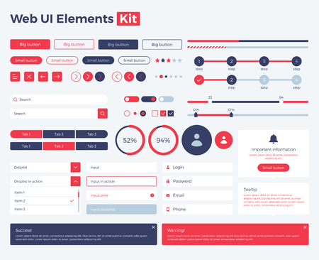 Big, huge, enhanced ui kit for web design, mobile apps with the different buttons, graphics, diagramms, menu, search, tabs and other.のイラスト素材