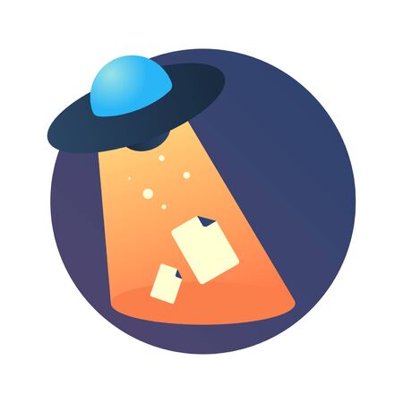 Aliens visit the earth for research. Aliens steal the earth documents as examples for research. Star ship and aliens on the back. Vector illustration. UFO worlds day.のイラスト素材