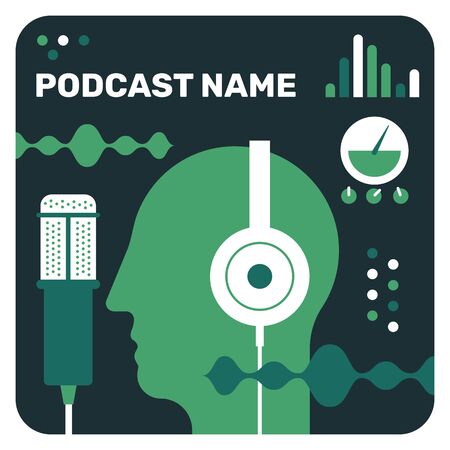 Podcast radio icon illustration set. Studio table microphone with broadcast text on air. Webcast audio record concept logo and illustration.のイラスト素材