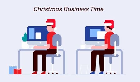 The workplace and workspace flat design vector illustration. People working concept. People working at office on a christmas eve. Start Up concept.のイラスト素材