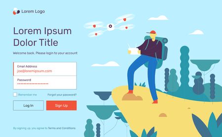 Man with drone flat design illustration of drop landing page. UI, UX design element, register page, login page, sign in page.のイラスト素材