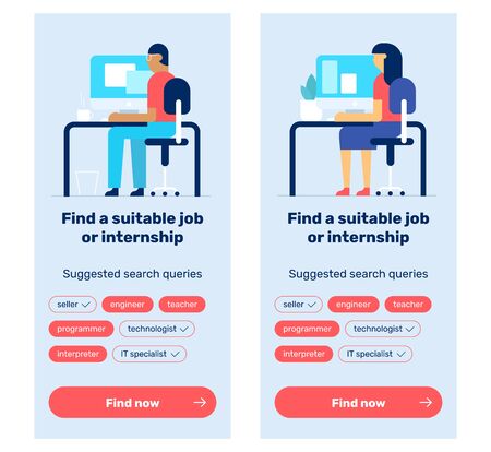 App screens for job searching. UI UX web elements. Flat characters searching the job through the app. のイラスト素材
