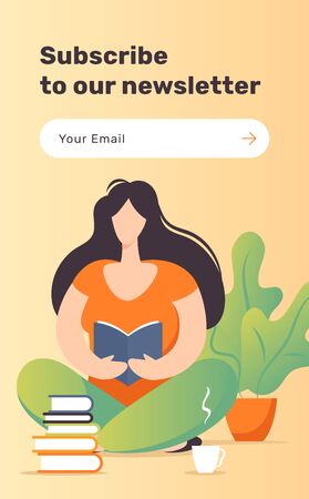 Subscribe Now For Our Newsletter (Flat Style Vector Illustration UI UX Design) with Text Box and Subscribe Button Template. Reading girl with the books. のイラスト素材