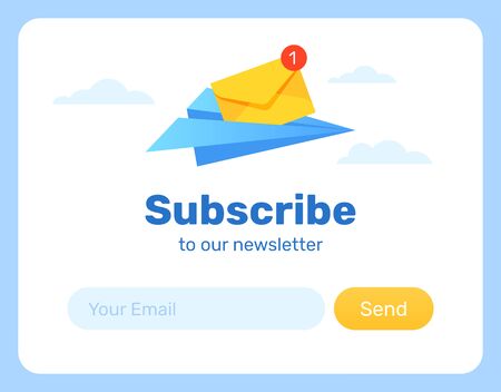 Subscribe Now For Our Newsletter. Flat Style Vector Illustration UI UX Design with Text Box and Subscribe Button Template. Plane with mail.のイラスト素材