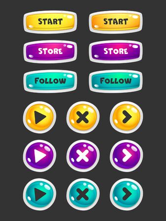 UI set of game navigation buttons in a cute candy style. Arrows, close, hamburger menu, return signs. Simple vector design. のイラスト素材