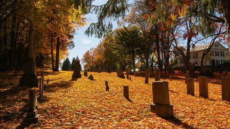 Old graveyard in a small town in New England with stonetombs. SOUTHBRIDGE, MASSACHUSETS. USA - NOVEMBER 17 2017.のeditorial素材