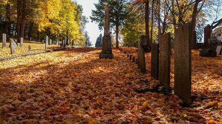 Old graveyard in a small town in New England with stonetombs. SOUTHBRIDGE, MASSACHUSETS. USA - NOVEMBER 17 2017.のeditorial素材