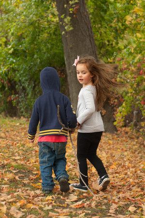 two young children walking in a park dragging together a long stick on a fall dayの写真素材