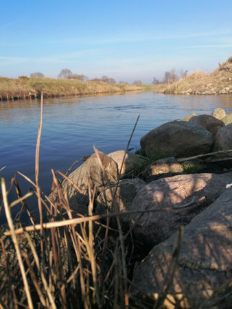 River landscape in early spring. Riverbank with rocks and grass.の写真素材